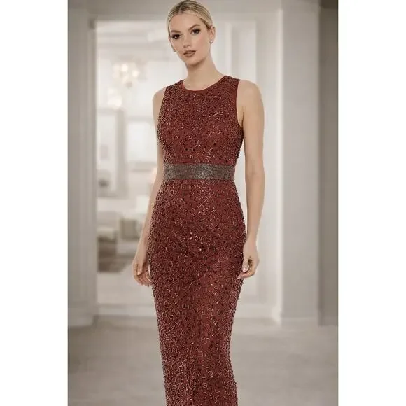New with Tags Mac Duggal 93758 Beaded Midi Dress Jewel Neck Burgundy Size 8 - Picture 3 of 16